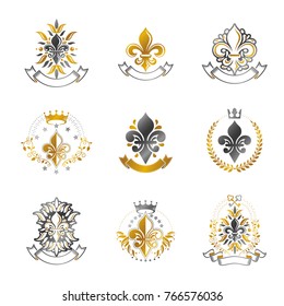 Royal symbols Lily Flowers emblems set. Heraldic vector design elements collection. Retro style label, heraldry logo.