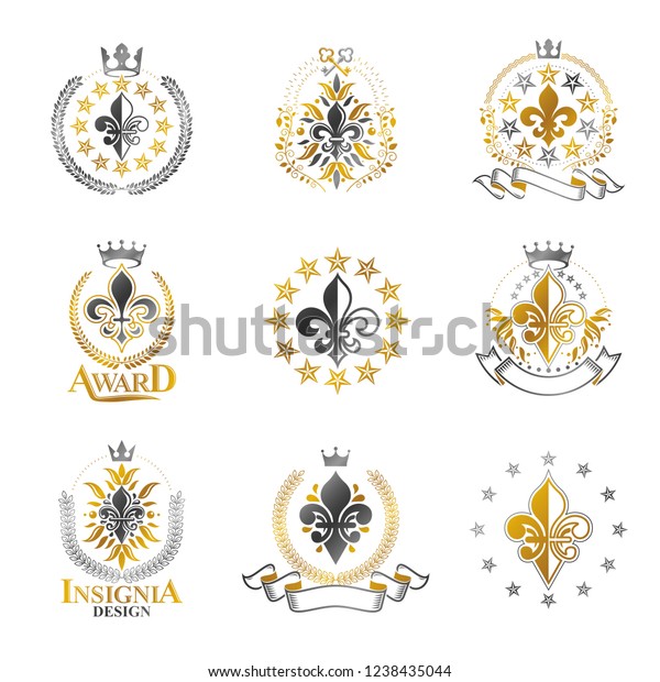 Royal\
symbols Lily Flowers emblems set. Heraldic vector design elements\
collection. Retro style label, heraldry\
logo.