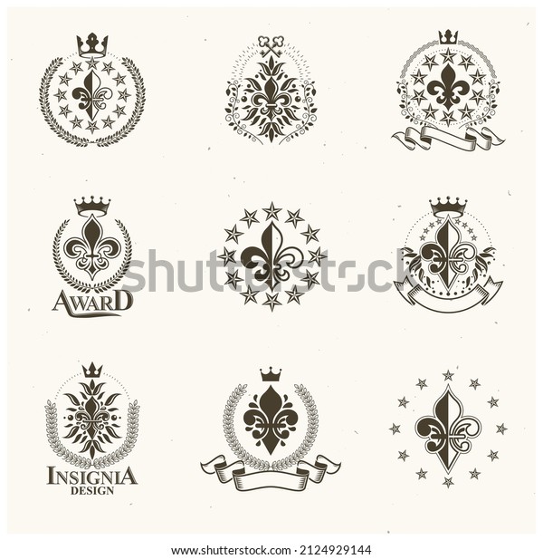 Royal\
symbols Lily Flowers emblems set. Heraldic vector design elements\
collection. Retro style label, heraldry\
logo.