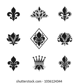 Royal symbols Lily Flowers, floral and crowns, emblems set. Heraldic vector design elements collection. Retro style label, heraldry logo.