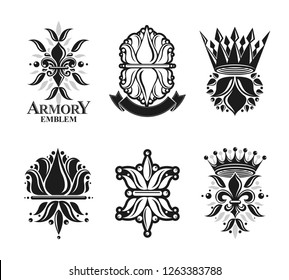 Royal symbols Lily Flowers, floral and crowns, emblems set. Heraldic vector design elements collection. Retro style label, heraldry logo.