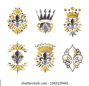 Royal symbols Lily Flowers, floral and crowns, emblems set. Heraldic vector design elements collection. Retro style label, heraldry logo.