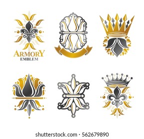 Royal symbols Lily Flowers, floral and crowns, emblems set. Heraldic vector design elements collection. Retro style label, heraldry logo.