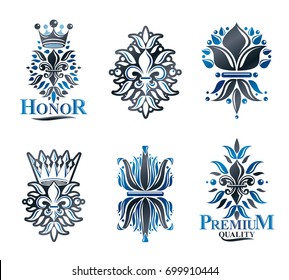 Royal symbols Lily Flowers, floral and crowns, emblems set. Heraldic vector design elements collection. Retro style label, heraldry logo.