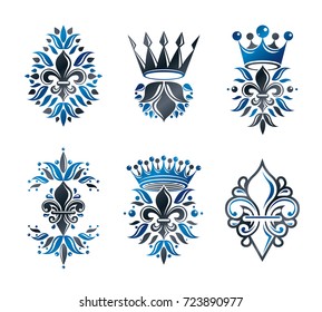 Royal symbols Lily Flowers, floral and crowns, emblems set. Heraldic vector design elements collection. Retro style label, heraldry logo.