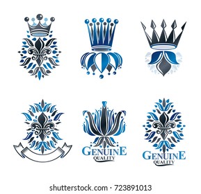 Royal symbols Lily Flowers, floral and crowns, emblems set. Heraldic vector design elements collection. Retro style label, heraldry logo.
