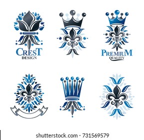 Royal symbols Lily Flowers, floral and crowns, emblems set. Heraldic vector design elements collection. Retro style label, heraldry logo.