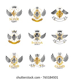 Royal symbols Lily Flowers, floral and crowns, emblems set. Heraldic vector design elements collection. Retro style label, heraldry logo.