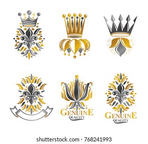 Royal symbols Lily Flowers, floral and crowns, emblems set. Heraldic vector design elements collection. Retro style label, heraldry logo.