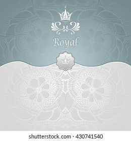 Royal template background with crown and Zen tangle seamless pattern in silver blue colors for decorate package or for advertising different things