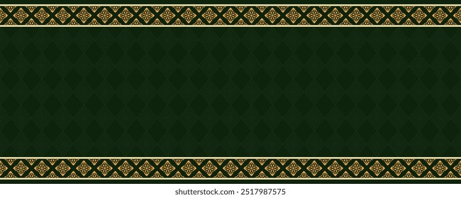 Fondo de patrón tailandés real en verde y oro. Elegante diseño de frontera asiática. Textura de seda verde de lujo. Tejido verde tradicional con motivos ornamentales tailandeses dorados.