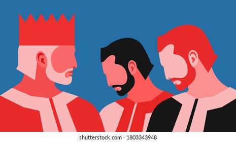 Royal theme. King and people. Three male  characters, one in crown. Vector illustration