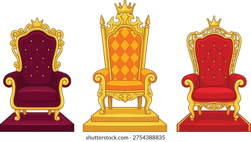 Royal throne chairs set, golden king seats with red velvet luxury design, monarchy furniture illustration, royal palace interior symbol