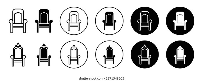 Royal throne icon. Elegant and luxury prince of queen royal throne symbol set. Classic ancient time Armchair with crown of king vector sign. Antique Monarchy Throne chair or sofa furniture line logo.  svg