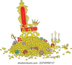 Royal throne on a large pile of gold coins and jewels from a treasury of a fairy kingdom, vector cartoon illustration isolated on a white background