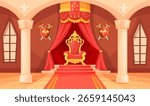Royal throne room. King palace royal hall cartoon interior, kingdom medieval castle fairytale ballroom inside game background ancient monarch chair museum, neat vector illustration
