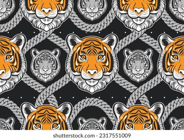 royal tiger seamless patterns with rope background, image graphic design street comic art, textile fashion, artwork for fabric print, clothes, handkerchief or banner website
