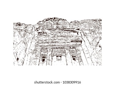 Royal tombs and street of facades, Petra, Jordan. Hand drawn sketch illustration in vector.