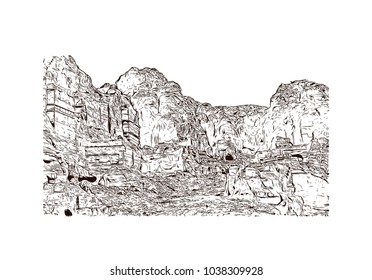 Royal tombs and street of facades, Petra, Jordan. Hand drawn sketch illustration in vector.