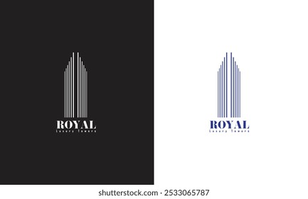 El logotipo de las Torres Reales es un diseño limpio y moderno que captura la esencia del lujo y la sofisticación. Una silueta arquitectónica simple pero llamativa forma el núcleo del emblema, simbolizando.