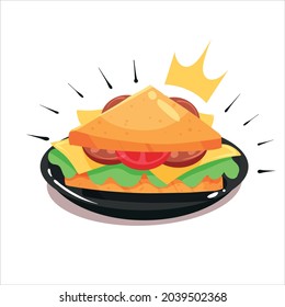 Royal triangular sandwich with sausage long cartoon vector icon illustration. Food object sandwich isolated.