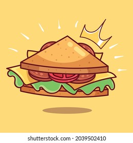 Royal triangular sandwich with sausage long square bacon sandwich cartoon vector icon illustration. Food object sandwich isolated.