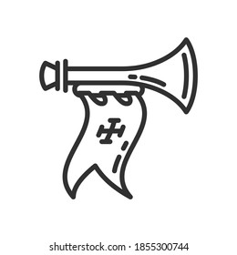 Royal trumpet with flag. Medieval horn with flag and cross, linear icon. Editable stroke