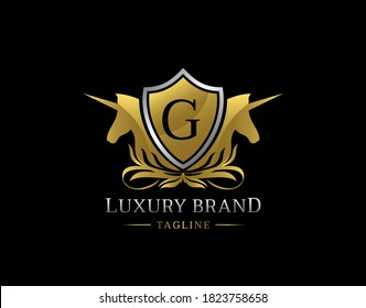 Royal Unicorn Logo With G Letter. Elegant Gold Shield badge design for Royalty, Letter Stamp, Boutique,  Hotel, Heraldic, Jewelry, Wedding.