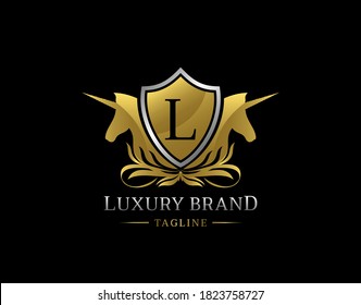 Royal Unicorn Logo With L Letter. Elegant Gold Shield badge design for Royalty, Letter Stamp, Boutique,  Hotel, Heraldic, Jewelry, Wedding.