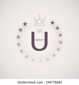 Royal university creative icon with crown symbol, stars and different elements modern sign