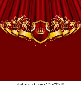 Royal vector background with floral ornament, shield, gold crown, ribbon, blazon, place for text in vintage style. Floral filigree element, drapery texture for luxury vip card, menu, page, web design