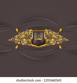 Royal vector background with floral ornament, shield, gold crown, ribbon, blazon, place for text in vintage style. Floral filigree element, drapery texture for luxury vip card, menu, page, web design