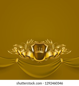 Royal vector background with floral ornament, shield, gold crown, ribbon, blazon, place for text in vintage style. Floral filigree element, drapery texture for luxury vip card, menu, page, web design