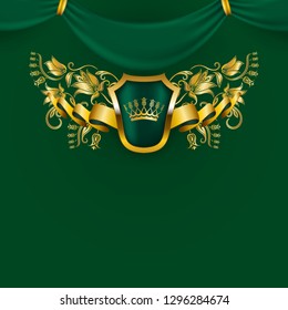 Royal vector background with floral ornament, shield, gold crown, ribbon, blazon, place for text in vintage style. Floral filigree element, drapery texture for luxury vip card, menu, page, web design