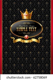 Royal vector background with golden frame, ribbon & crown of a king