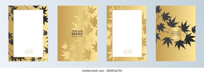 Royal vector cover design set with tree branch and maple  golden leaf on background. Elegant black and gold pattern for business, sale flyer, wedding card, luxury menu template, holiday poster. 