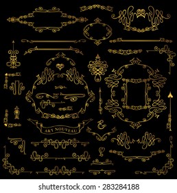 Royal Vector Design Elements.Calligraphic curves Gold Frames, Borders, Swirls dviders.For Wedding  invitation,save date,Valentine card,restaurant menu.Art Nouveau style.Linear vintage illustration