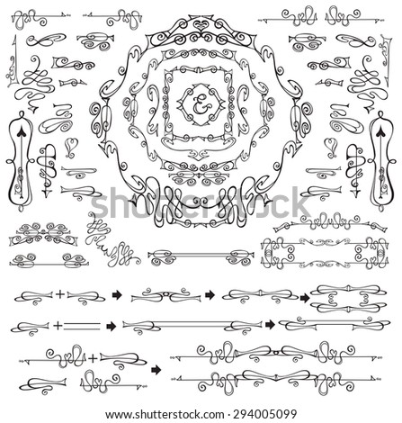 Royal Vector Design Elements.Calligraphic curves,flourish Frames, Borders, Swirls dividers.For Wedding invitation,save date,Valentine card,restaurant menu.Art Nouveau style.Linear vintage illustration