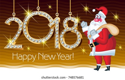Royal vector Happy New Year greeting card with golden stars. Santa Claus holding gifts and chic toys 2018