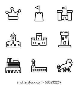 royal vector icons. Set of 9 royal outline icons such as lion, castle, crown