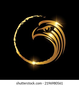 A royal vector illustration of Luxury Golden Eagle Circle Logo Sign in black background with gold shine effect
