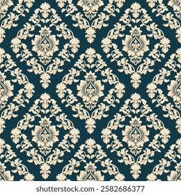 Royal Victorian damask vector seamless pattern. Gloden leaves with dark blue green background. Design for wallpaper decoration, textile, curtain, fabric, carpet.