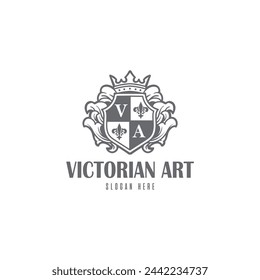 Logotipo Royal Victorian Shield Crown. Marco de borde de escudo victoriano etiqueta de insignia real logo diseño vector.
