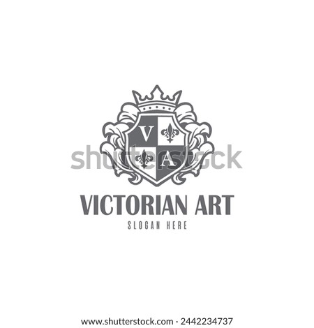 Royal Victorian Shield Crown Logo. Victorian shield border frame royal badge label logo design vector.
