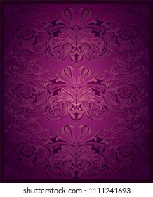 Royal, vintage, elegant vertical background in purple with gold, with classic Baroque pattern, Rococo with darkened edges