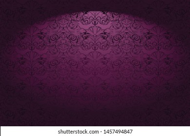 Royal, vintage, Gothic horizontal background in purple, magenta with a classic Baroque pattern, Rococo.With dimming at the edges. Vector illustration EPS 10