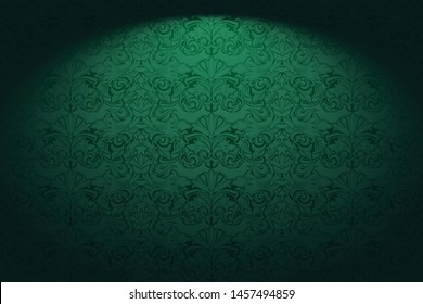 Royal, vintage, Gothic horizontal background in green with a classic Baroque pattern, Rococo.With dimming at the edges. Vector illustration EPS 10