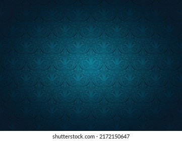 Royal, vintage, Gothic horizontal background in dark cyan, blue with a classic antique ornament, Rococo. Vector illustration