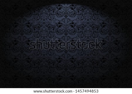 Royal, vintage, Gothic horizontal background in black with a classic Baroque pattern, Rococo.With dimming at the edges. Vector illustration EPS 10