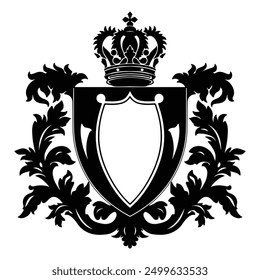 Royal Vintage Heraldic Shield Silhouette with king crown outline thick view isolated white background